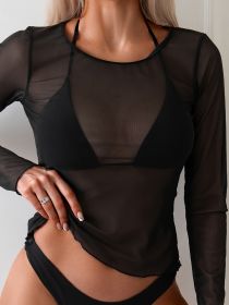 Women's Fashion Swimsuit, Sexy Solid Color Round Neck Sun Protection Shirt, Vacation Style (Option: M-Black)
