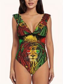 Women's Plus-size Swimsuit With Positioning Print, Sexy Backless V-neck Design, One-piece Swimsuit, Beach Style (Option: 5XL-Colour)