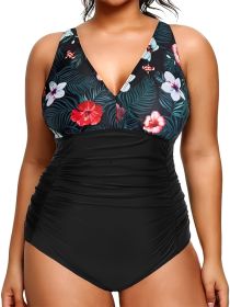 Women's Large-size One-piece Swimming Suit  Covers The Stomach - Floral Print  One-piece Design  Beach Style (Option: 1XL-Black)