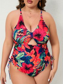 Women's Large-size One-piece Swimming Suit With Floral Print, One-piece Backless Sexy Drawstring Cross Swimwear (Option: 3XL-Colour)