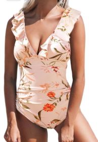 Belly One-piece V-neck Flounce Lace-up Multi-color Women's Swimsuit (Option: Skin Color-M)