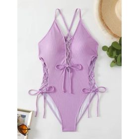 European And American Sexy Backless Siamese Bikini Swimsuit (Option: Purple-L)